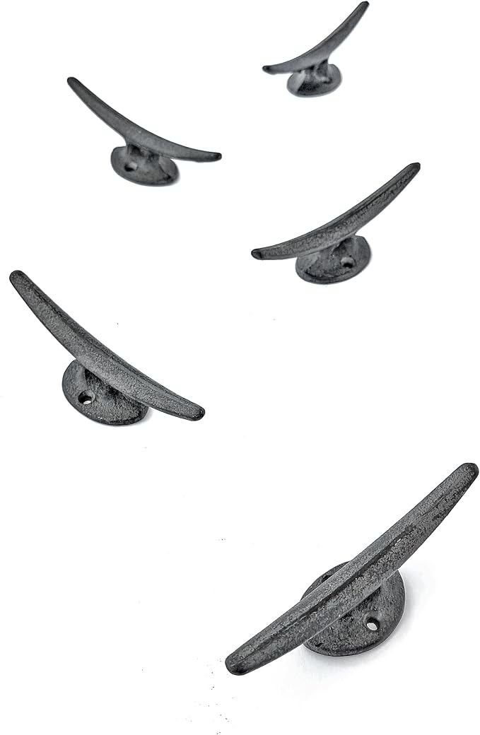 5 Pack Decorative Cast Iron Heavy Duty Double Hooks, Wall Mounted Coat Hooks, Vintage Inspired (Antique Black) (Mooring Type)