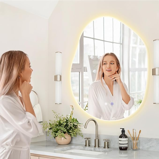 QDSSDECO Irregular LED Bathroom Mirror with Lights,Asymmetrical Led Bathroom Vanity Mirror for Wall with Front and Backlit, Anti Fog, 3 Colors and Dimmable Light, 23" x 31"