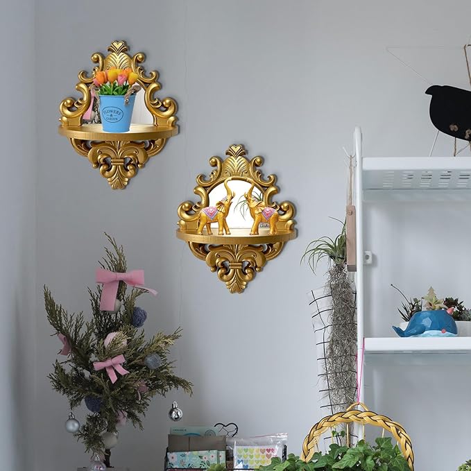 Three-Dimensional Relief Candle Sconces Set 2 Rustic Wall Mount Candle Holders Wood Hanging Wall Decor Mirrored Wall Art Hand Carved Home Decoration Gold