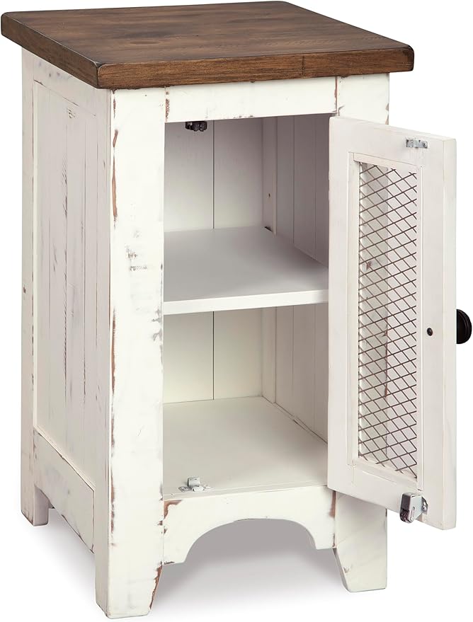 Signature Design by Ashley Wystfield Farmhouse Chair Side End Table with Cabinet Door for Storage, White & Brown with Distressed Finish