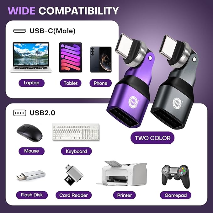 USB Adapter Type C to A 2 Pack 180° & 360° Rotation USB2.0 480Mbps Phone OTG Port Fast Charge Extender with LED Indicator (Black)