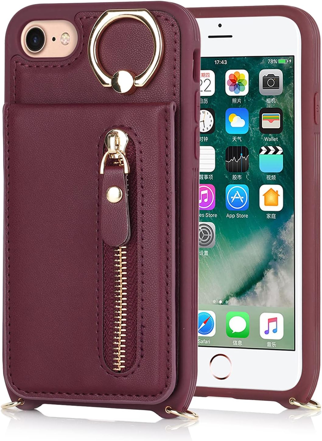 iPhone 7 8 SE (2020) Case with Card Holder, Red Wine Wallet with Strap, Credit Card Slots, Crossbody Kickstand