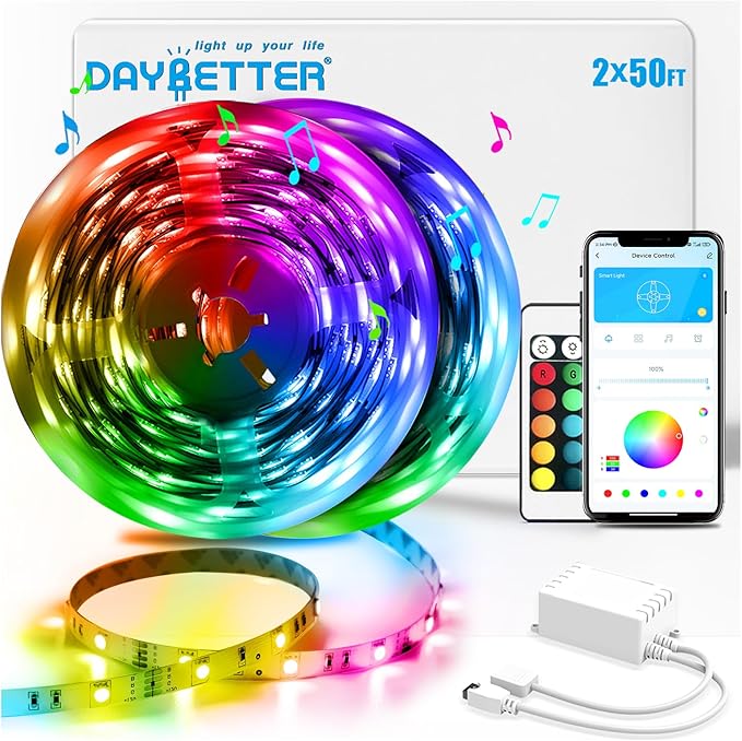 DAYBETTER Led Strip Lights 100 ft Smart with App Remote Control, 5050 RGB for Bedroom, Living Room, Home Decoration, Music Sync Color Changing for Room Party(2 Rolls of 50 ft)