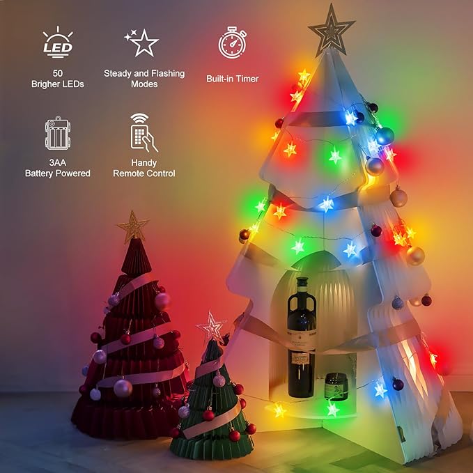 Brightown Star String Lights Battery Operated - 17 ft 50 LED Star Fairy String Lights with Remote and Timer, 8 Modes Waterproof for Bedroom Tent Loft Bed Patio Party Wedding Decor, Multicolor