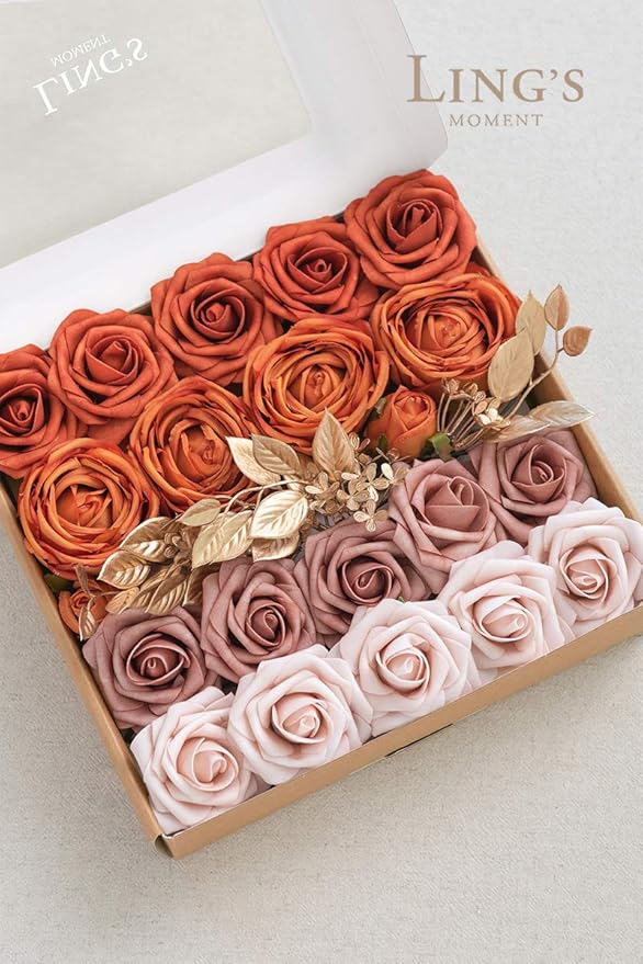 Ling's moment Artificial Flowers Fake Silk Roses Faux Foam Flower Combo for DIY Wedding Bouquets Centerpieces Arrangements Bridal Shower Party Home Decorations, Orange & Dusty Rose, 21pcs