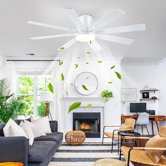 Ceiling Fans with Lights- 52" Low Profile Indoor Ceiling Fan with Light and Remote/APP Control, 8 Blade,Flush Mount, LED Dimmable DC Reversible Modern Ceiling Fan for Bedroom(White)
