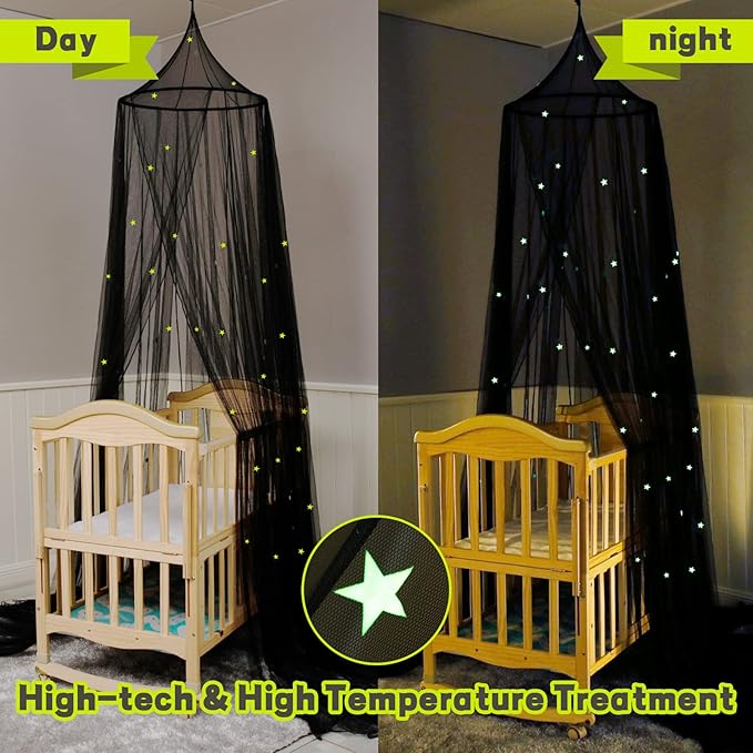 South to East Bed Canopy with Glowing Stars in The Dark, Black Bed Curtains for Kids & Toddler Beds, Twin, Full & Queen, Mosquito Net Canopy for Adult Bedrooms, Easy to Install