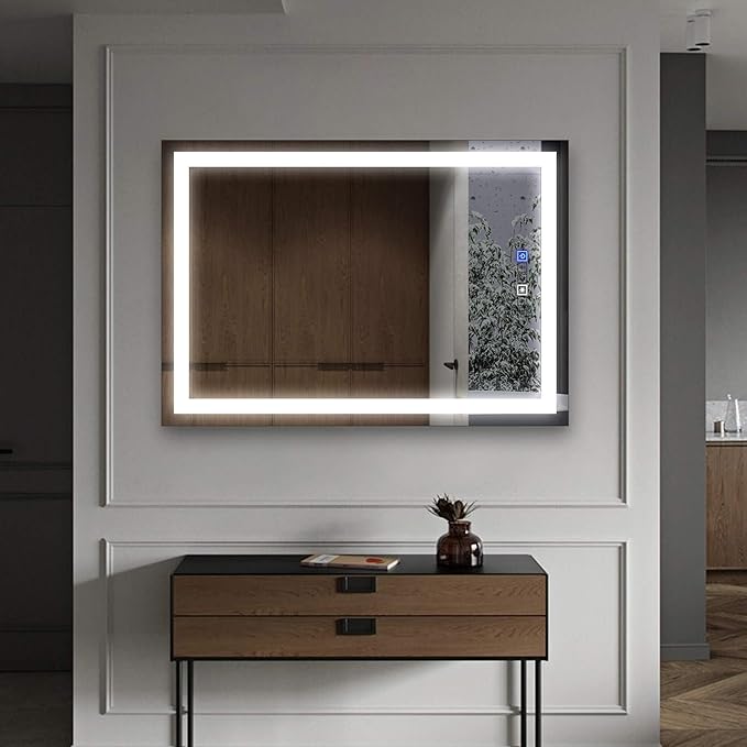 Fab Glass and Mirror LED Mirror 28x36 Inches, Led Bathroom Mirror with Lights Front and Backlit Anti-Fog Memory Brightness, Three Color Options Frameless Wall Mounted Bathroom Vanity Mirror