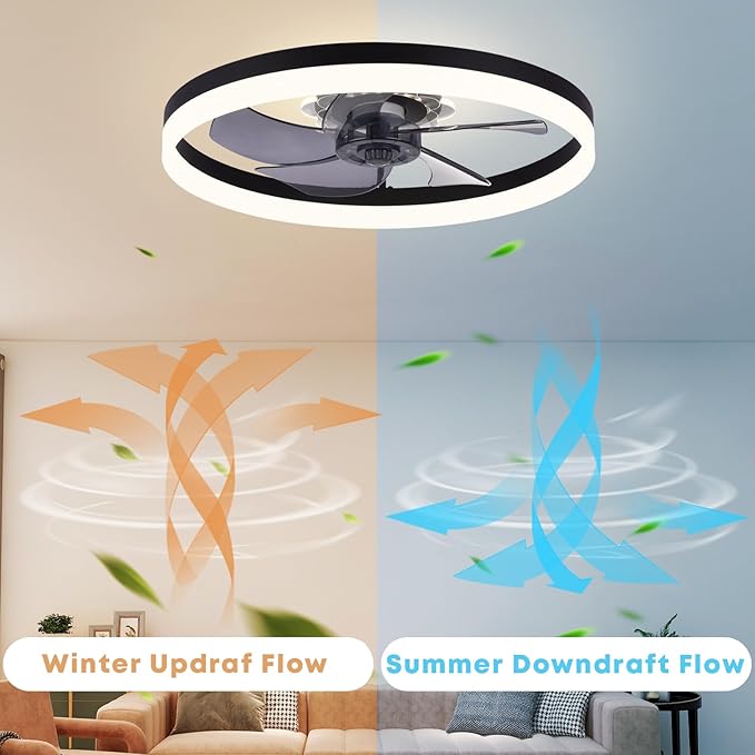 23.6'' Ceiling Fan with Light, Upgraded Low Profile Fan, Flush Mount Ceiling Fan, 6 Speeds, Dimmable LED, App & Remote Control, Quiet DC Motor, for Bedroom, Living Room, F115 Black
