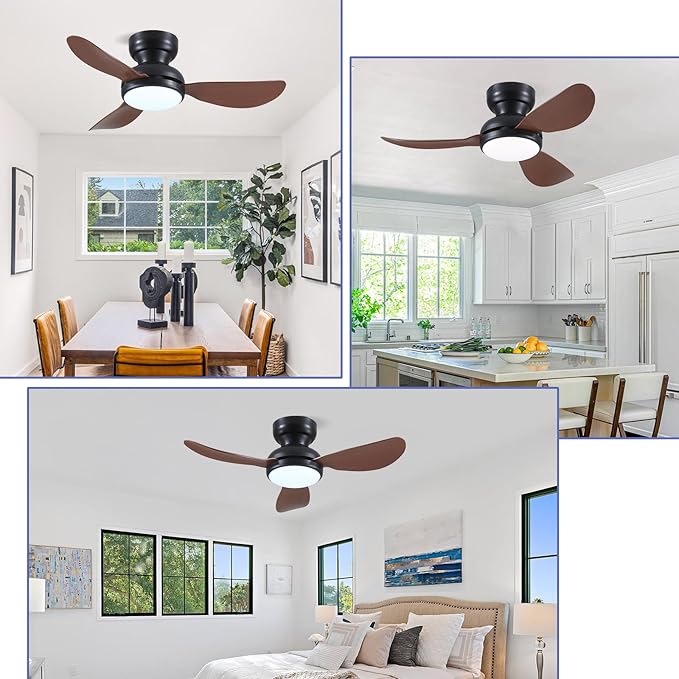 36 Inch Modern Ceiling Fans with Lights, Small Flush Mount Ceiling Fan with Light and Remote/APP Control, 3 Reversible 6 Speeds Curved Blades, 3 CCT Dimmable Lights for Bedroom, Brown