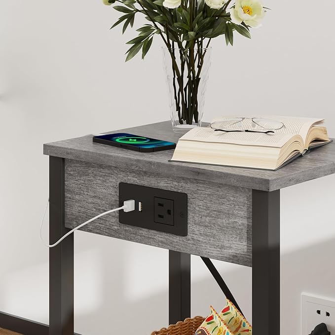 VIMBER Set of 2 End Table with Charging Station, Narrow Side Table with USB Ports and Outlets, Nightstands with 2-Tier Storage Shelves, Sofa Table for Small Space Living Room Bedroom, Grey