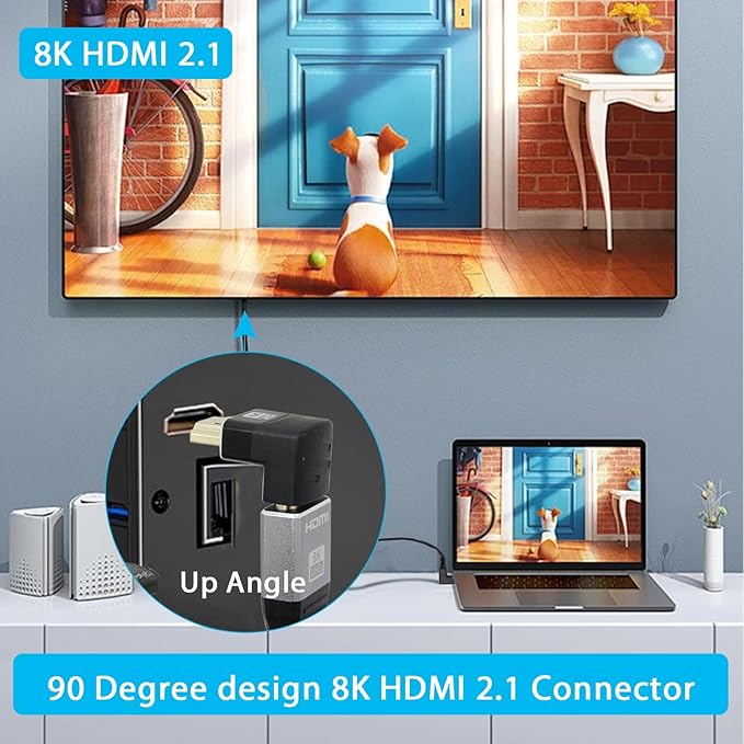 Right Angle HDMI Male to HDMI Female Adapter 8K, Up Angle Gold Plated 90 Degree and 270 Degree, Supporting 8K@60Hz, 4K@120Hz, Suitable for Laptops, PC, Projectors, etc- 2Pcs
