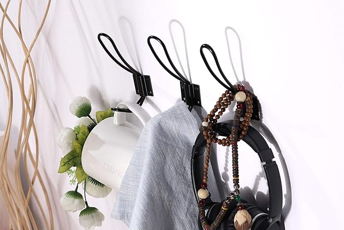 Rustic Entryway Hooks | 10 Pack of Black Wall Mounted Vintage Double Coat Hangers with Large Metal Screws Included