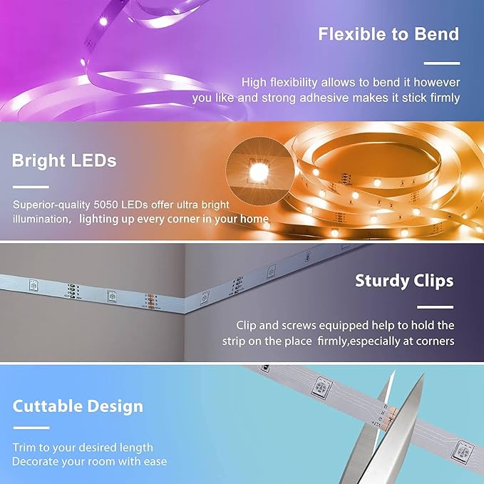 Led Lights 50ft Smart APP Control Music Sync Strip RGB Color Changing Led Lights for Bedroom Kitchen and Party
