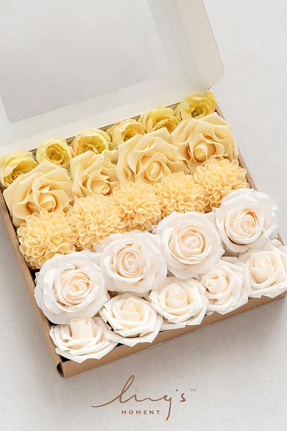 Ling's Moment Artificial Flowers Fake Silk Roses Faux Foam Dahlia Combo for DIY Wedding Bouquets Centerpieces Arrangements Bridal Shower Party Home Decorations, Creamy Yellow & Cream, 24pcs