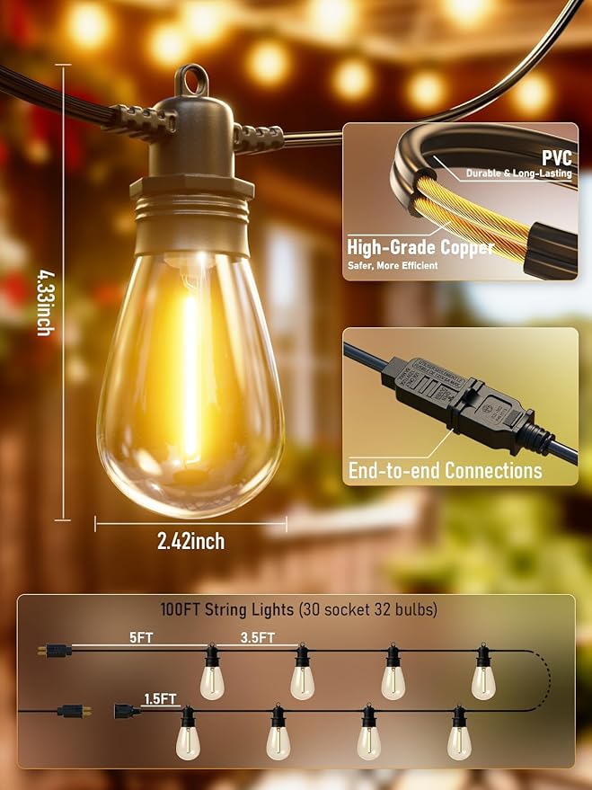100FT LED Outdoor String Lights with 30 Edison Shatterproof IP65 Waterproof Bulbs, 2700K Dimmable Commercial Grade Patio Lights, Heavy Duty Outside Hanging Light for Garden Porch Deck Decor