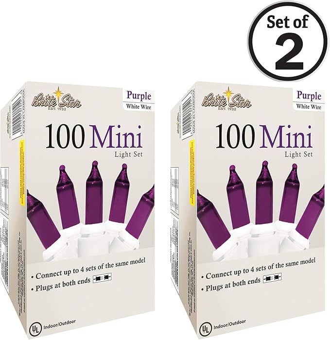 Brite Star 100 Count Mini String Christmas Lights, Purple - 22 feet Indoor/Outdoor Christmas Tree Lights with White Wire (Set of 2)