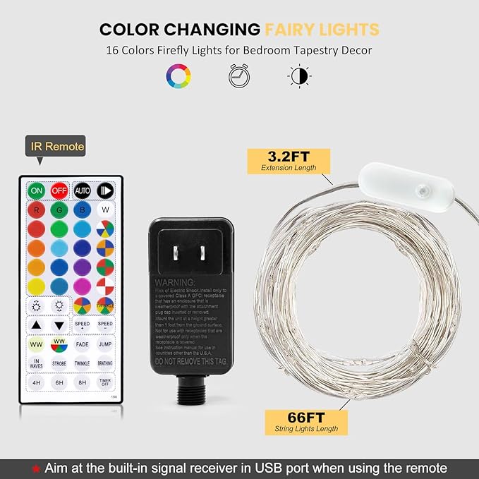 Fairy Lights Plug in 66ft 200LEDs with Remote, 20 Color Changing Light Warm White Twinkle Firefly String Lights for Christmas Bedroom Tapestry Party Wedding, Multicolor Colors (Plug)