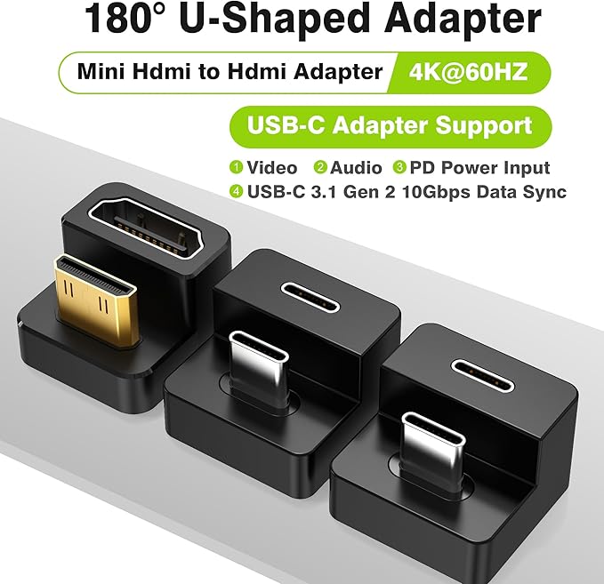 AGVEE 180 Degree Angled USB-C to USB-C Adapter and Long Side Inward U-Shaped Mini HDMI to HDMI Converter, HDMI 2.0 4k@60HZ, Coupler Extender Extension for Portable Display Monitor, Black