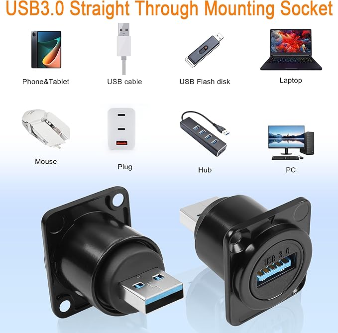QIANRENON USB 3.0 Male to Female Panel Mount Adapter 5Gbps USB Plug to Socket Connector D/XLR Panel Mount for Data Transfer, Charging