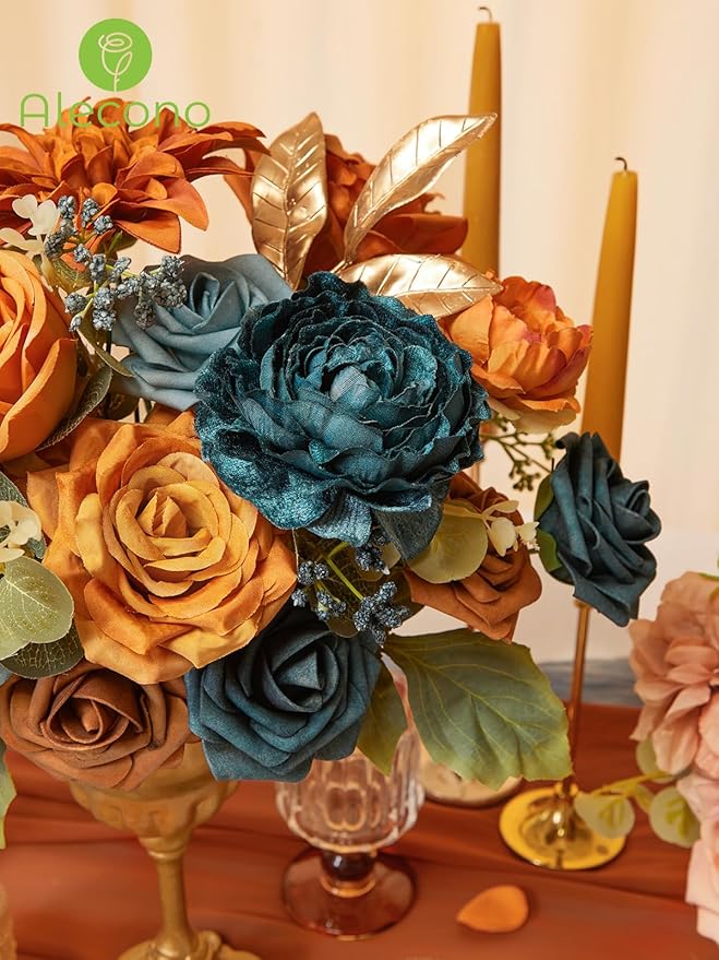 Alecono Artificial Flowers, Orange Fake Flowers for Fall Wedding Bouquets, Wedding Cake Flowers for Table Centerpieces Birthday Party Home Autumn Decor