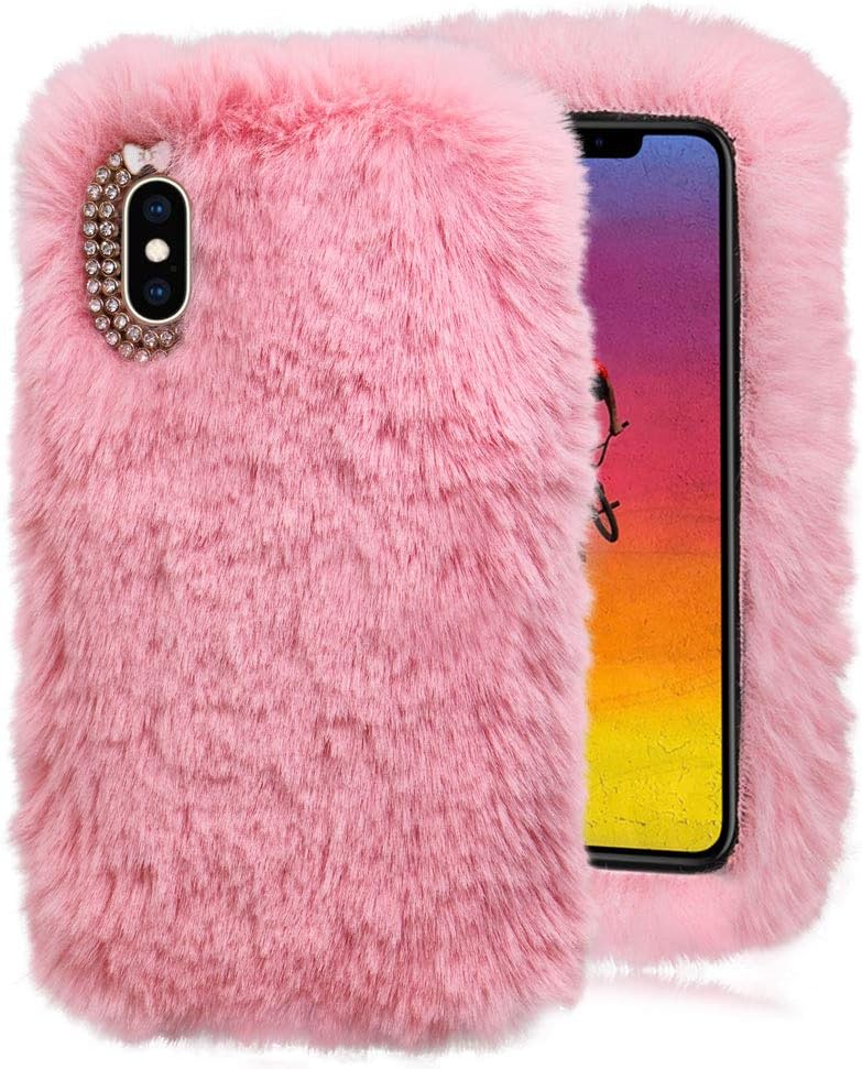 Plush Rabbit Fur Case for iPhone 6/6S, LCHDA Bunny Furry Fluffy Phone Case with Luxury Diamond Bowknot, Pink