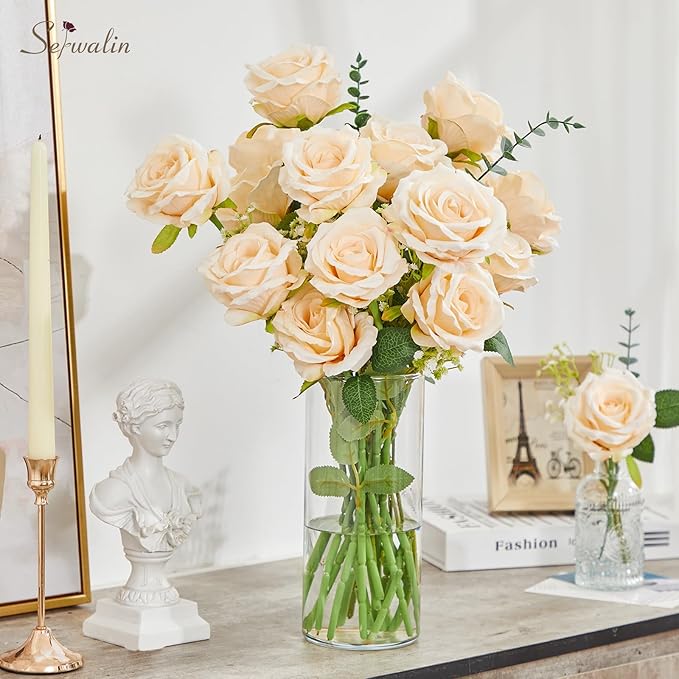 Serwalin 20pcs Artificial Roses, 4'' Big Flower Head, Champagne Velvet Silk Roses, Fake Roses Long Stem Realistic Bouquet for Wedding Table Centerpiece