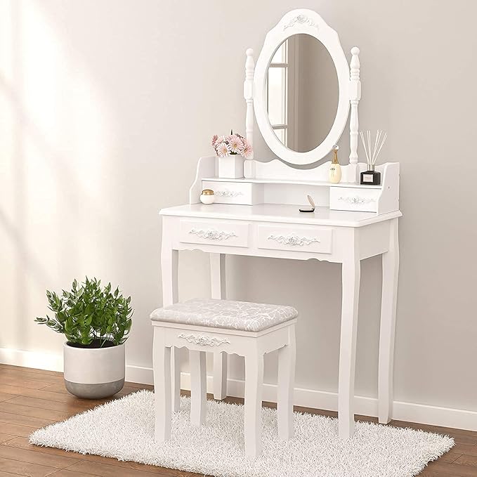 Vanity Table Set ,Makeup Table with Oval Mirror & Stool, Bedroom Wood Dressing Table with 4 Drawers White