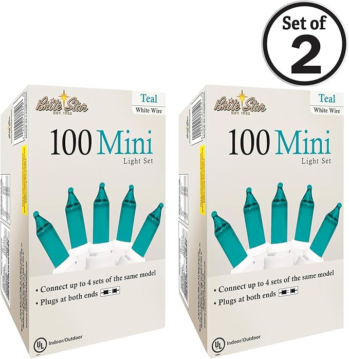 Brite Star 100 Count Mini String Christmas Lights, Teal - 22 feet Indoor/Outdoor Christmas Tree Lights with White Wire (Set of 2)