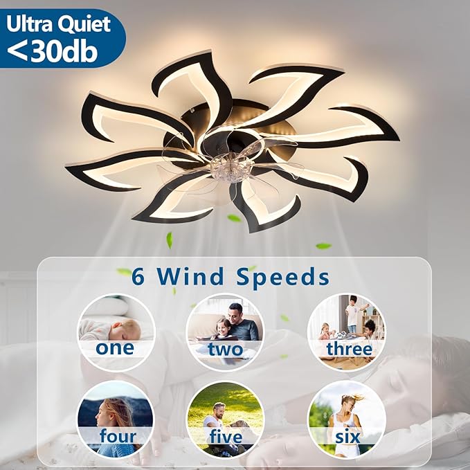 Modern Ceiling Fan with Lights Remote Control, 32" Black 6 Speeds 3 Light Color Low Profile Flush Mount Ceiling Fan for Kitchen Bedroom