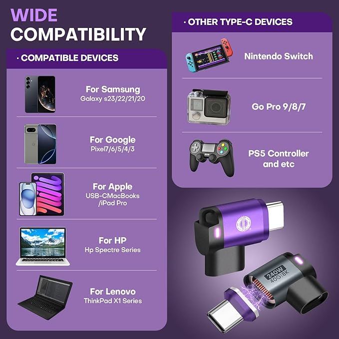 USB C 90 Degree Magnetic Adapter 2 Pack Right Angle 24 PIN 40Gbps PD 240W OTG Magnet Charger Extender 8K 60Hz Video for USB 4 Steam Deck ROG Ally Switch PC Tablet iPhone 15 16 17 (Purple)
