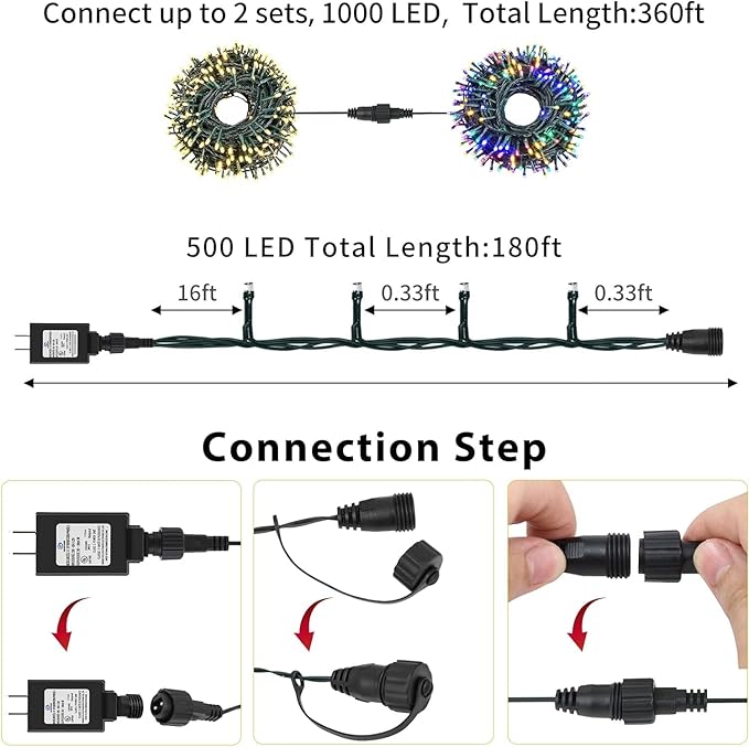 QUWIN Outdoor Christmas String Lights, 180Ft 500 LED UL Certified 11 Lighting Modes, Indoor & Outside Christmas Tree Lights for Christmas Tree, Patio, Holidays, Party 