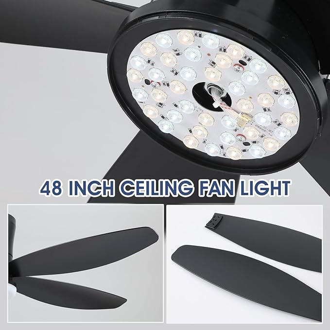 Flush Mount RGB Ceiling Fans with Lights-48 Low Profile Ceiling Fan with Light and Remote/APP Control,DC Reversible,LED Dimmable Blakc Ceiling Fans for Bedroom,Indoor/Outdoor Patio Use