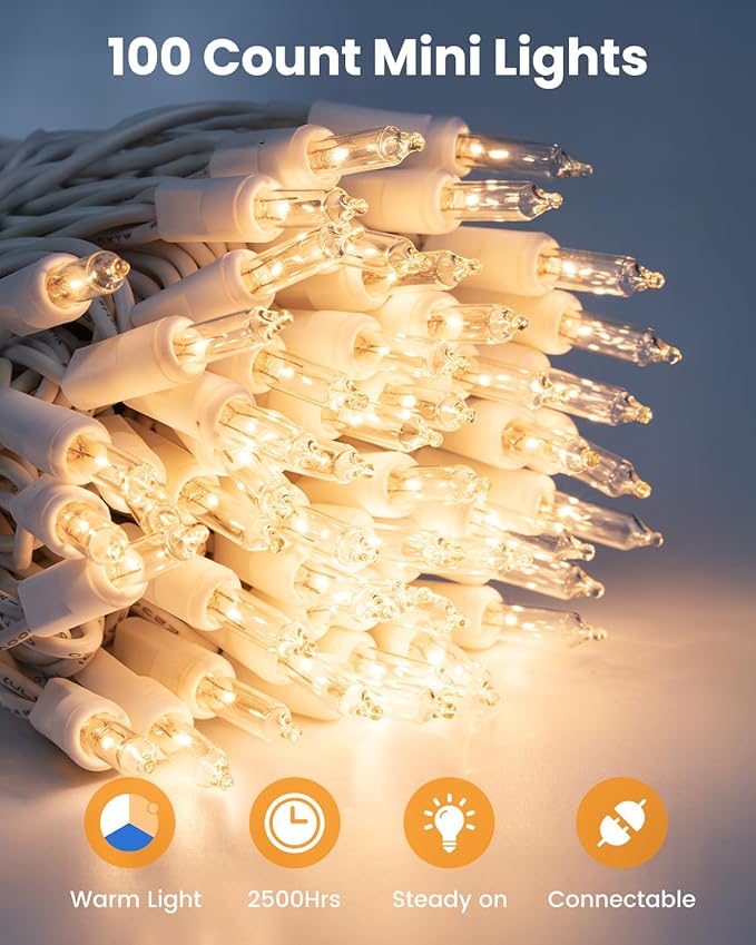 Clear Christmas Lights Set 100 Count 25 Feet Incandescent Bulb Mini String Lights for Indoor Christmas Tree Garland Birthday Wedding Party Festival Decoration, White Wire
