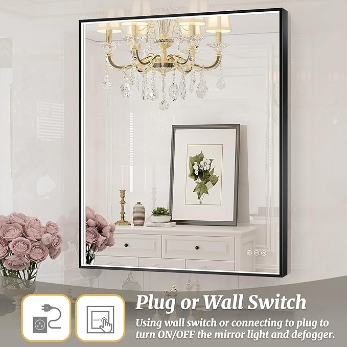 30x36 Inch LED Bathroom Mirror, Black Metal Framed Lighted Mirror for Bathroom, Wall Mouted LED Vanity Mirror with Lights, 3 Colors and Stepless Dimmable, Anti-Fog, Memory