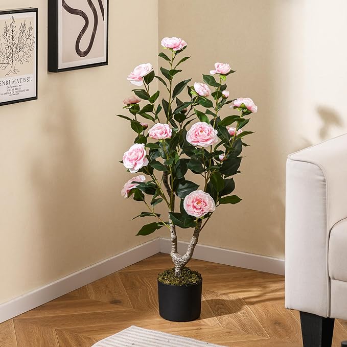 GOFLAME 3FT Artificial Camellia Tree, Faux Camellia Plant with Pink Flowers, Solid Wood Trunk, Realistic Moss, Greenery Potted Decoration Tree for Indoor Outdoor Home Porch Front Door