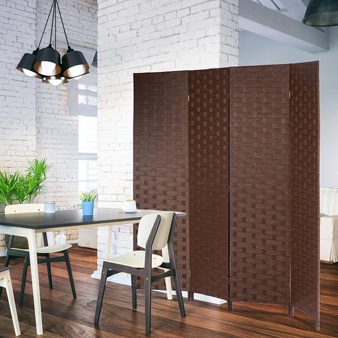 FDW Room Divider 4 Panel mesh Woven Design Room Divider Wooden Folding Portable partition Screen Wood for Home, Brown