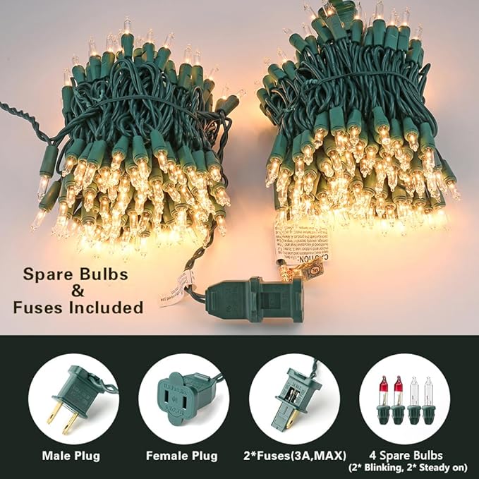 ODEETRONIC Steady & Blink Clear Christmas Lights, 21.63ft 100 Count Incandescent Christmas Lights, 2 Modes UL Certified Warm Clear Light, Connectable Mini Tree Light for Room Wedding Party, Green Wire