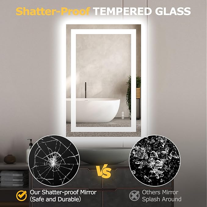 24X36 LED Bathroom Mirror with Lights, Anti-Fog, Dimmable, Backlit + Front Lit, Smart Bathroom Vanity Mirror, Memory Function, Shatterproof, Tempered Glass (Horizontal/Vertical)
