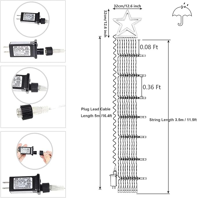FUNIAO Christmas String Lights 320 LED Christmas Decorations Star Waterfall Lights with 11 Modes Remote Control for Tree Wall Yard Wedding Party (Warmwhite+Multicolored)