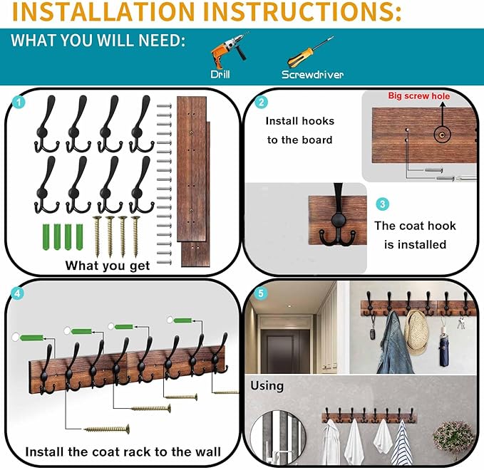 Coat Rack Wall Mount 31.5'' Coat Hanger Wall Mount Burnt Brown Coat Hooks for Wall Rustic Towel Racks for Bathroom Living Room Coat Hat Cloth