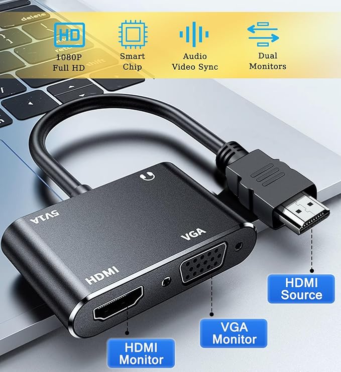 HDMI to VGA+HDMI Adapter for Dual Monitor, HDMI to VGA & HDMI Splitter 1 to 2,1080P@60HZ Full HD Display Video Converter Compaitble with Windows/Mac Os/Linux, Plug & Play