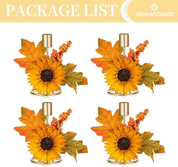 Romadedi Fall Candle Holder for Thanksgiving: Candlestick Holders Decor for Autumn Table Centerpiece Gold Party Decoration Indoor Kitchen Dining Fireplace Mantel Sunflower Maple Leaves Set of 4