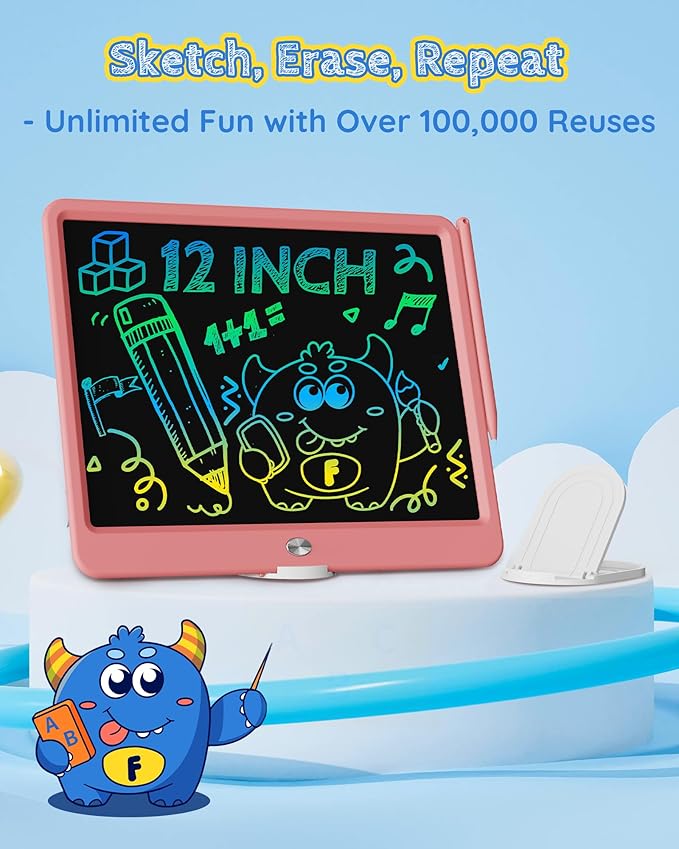 TEKFUN LCD Writing Tablet for Kids Girls Toys, 12 Inch Erasable Drawing Tablet Doodle Board Colorful Doodle Pad, Gifts for Toddlers Girls Adults (Pink)