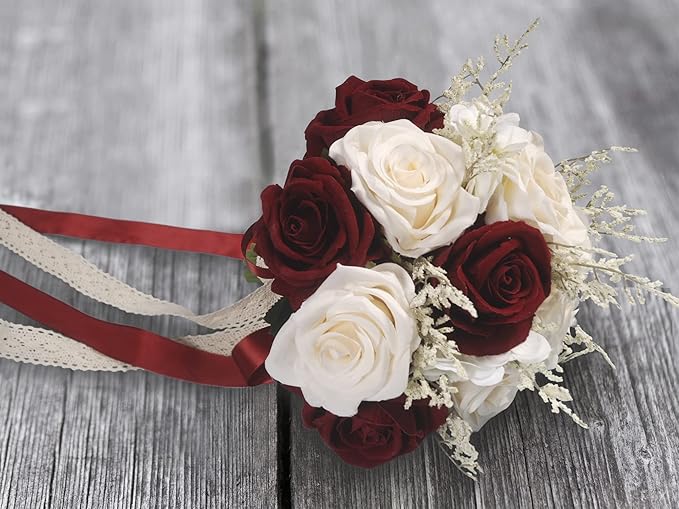 Wedding Bouquets for Bride, Champagne White & Burgundy Bridal Bridesmaid Wedding Flowers, Artificial Toss Rose for Civil Ceremony (Hollow Lace Ribbon Handle)