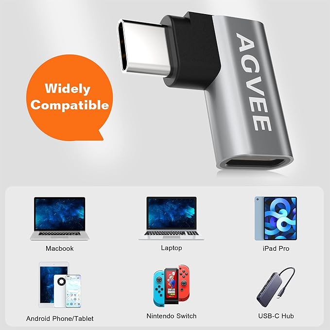 AGVEE 4 Pack Side Angle 90 Degree USB-C Male to USB-C Right Angled Female Adapter (Type-C 3.2 Gen 2) Converter Video Type-C 10G Data Extension Coupler Converter Connector, Black