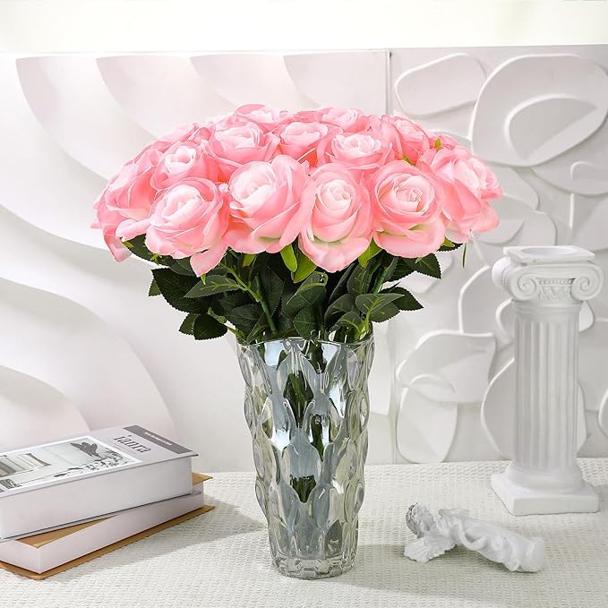32 Pcs Light Pink Artificial Flowers Bulk, 20" Silk Gradient Blush Pink Real Touch Roses for DIY Wedding Bridal Bouquets, Centerpieces, Home Decor