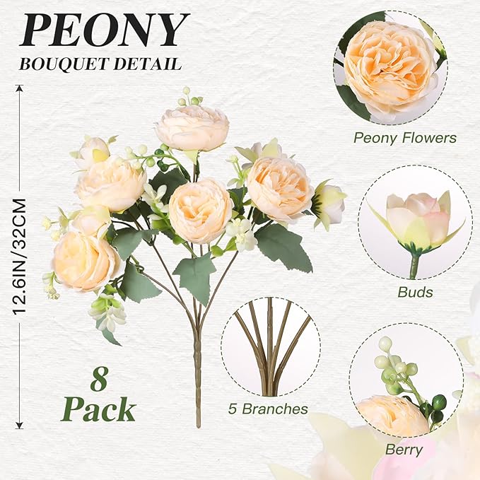 Luyue 8 Packs Peonies Artificial Flowers Vintage Faux Peony Bouquet Fake Flower for Vase Silk Floral Arrangements for Table Centerpiece Wedding Decoration Indoor Home Decor