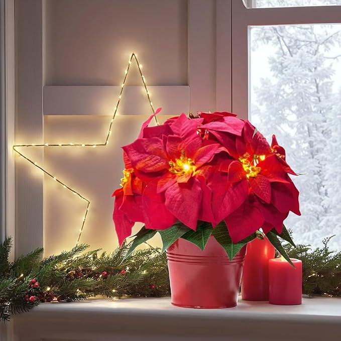 2 Pack Lighted Artificial Poinsettias for Outdoors LED Poinsettia Flowers Artificial Faux Poinsettia Plants Poinsettia Christmas Decorations for Holiday Home Kitchen Decor(10 inch)