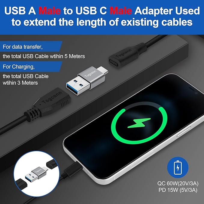 USB to USB C Adapter 2Pack, Type-C Male to USB Type-A Male Converter Connector,Support 3A Charge & 10Gbps Data Transfer Compatible with Phones, Computers, Tablet, Laptop and More